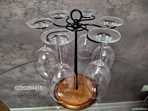 Suport rotativ pentru 6 Pahare de vin, din Metal + Baza din Lemn, 35cm - imagine 5
