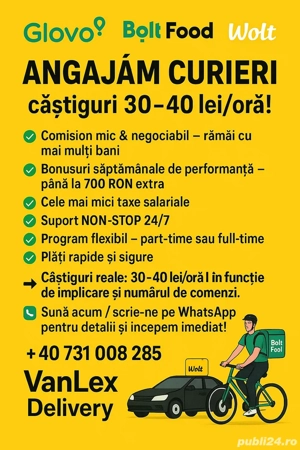 Angajăm Curieri   Glovo   Bolt Food   Wolt