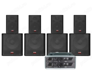 vand sistem audio 2 basi 4 sateliti marca Sistem M, crosover digital si 2 amp 200 watt, mixer DJ