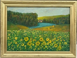 Mircea Popescu Tablou Peisaj Lan Cu Floarea-soarelui pictura ulei inramata 42x56cm