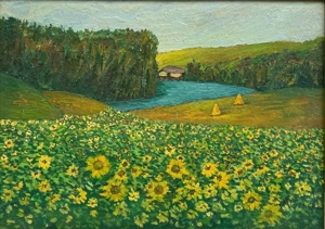 Mircea Popescu Tablou Peisaj Lan Cu Floarea-soarelui pictura ulei inramata 42x56cm - imagine 2