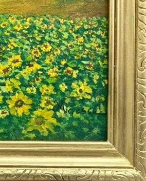 Mircea Popescu Tablou Peisaj Lan Cu Floarea-soarelui pictura ulei inramata 42x56cm - imagine 3