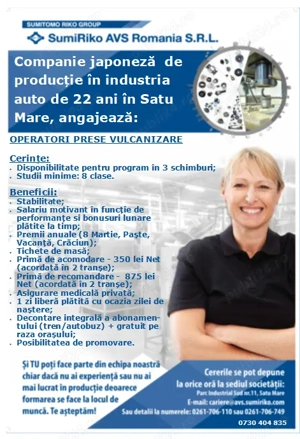 SumiRiko AVS Romania angajeaza operatori in productie