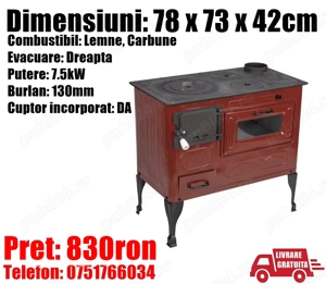 Soba Lemne Maro Spor Plita Cuptor Ler Masina Gatit Incalzit Bucatarie 7.5 kW Evacuare Dreapta