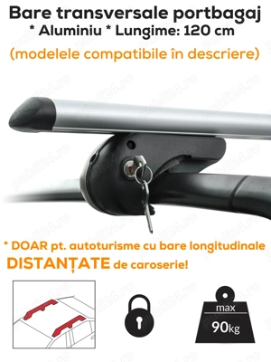 Bare transversale portbagaj cu cheie, ALUMINIU, 120 cm, max. 90 kg (modele compatibile in descriere)