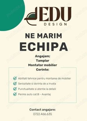 Angajăm Proiectant mobilier, Tâmplar, Montator mobilier.