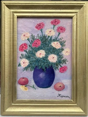 Tablou pictor român Natură Statică Flori Vas cu Garoafe pictura ulei 36x46 cm