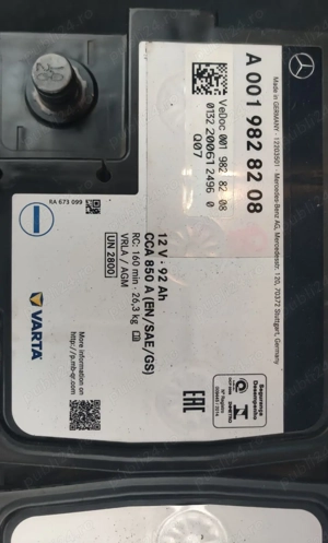 Baterie auto AGM originala Mercedes-Benz, 92Ah, 850A, an 2020 - imagine 3