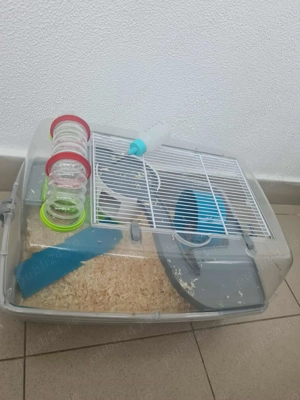 Hamster pitic cu cușcă, mâncare și asternut. - imagine 3