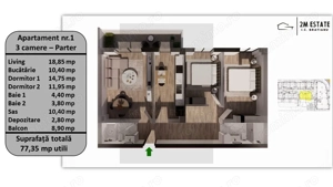 Apartament 3 camere, 75 mp utili + balcon, orientare Estica