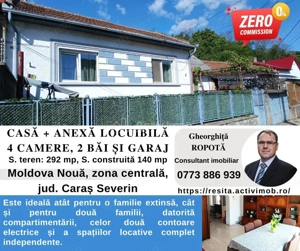MOLDOVA NOUA, zona centrala, Casa 4 camere, 2 bai si garaj