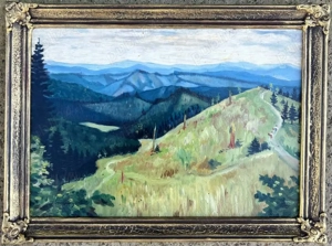 Toader Schipor 1972 Tablou Peisaj Bucovinean Pe drumuri de Munte, pictură ulei înrămata 35x47 cm