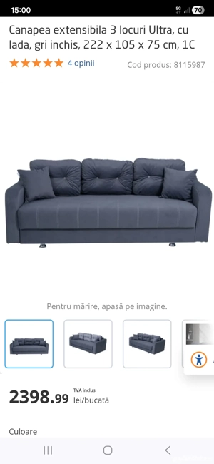 Canapea extensibila 3 locuri Ultra, cu lada, gri inchis, 222 x 105 x 75 cm, 1C