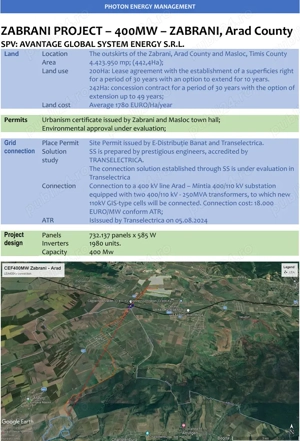 Parc fotovoltaic 400 MW   ZĂBRANI, Județul Arad, pretul este per MW