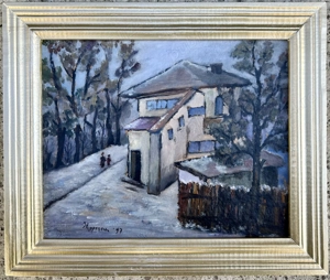 Tablou pictor român Peisaj Casa Minerului pictura ulei inramata 44x51 cm