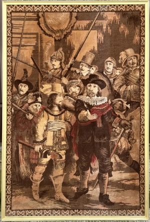 Carpeta veche înrămată Scena după Rembrandt Rondul de Noapte , cu ramă 90x135 cm