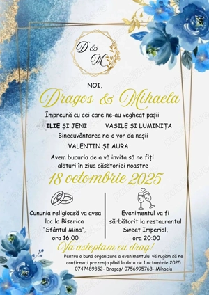 Realizez invitatii, plicuri, meniuri, afis mese, numere de masa pentru nunti botezuri, digitale - imagine 3