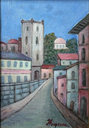 Mircea Popescu Tablou Peisaj Urban cu Turn pictura ulei 28x38cm - imagine 2