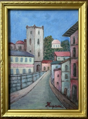 Mircea Popescu Tablou Peisaj Urban cu Turn pictura ulei 28x38cm