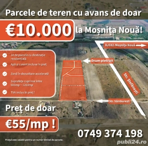 AVANS DE DOAR 10.000eur parcele de teren cu utilitati la mosnita noua!