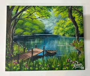 Pictură , în culori acrilice, "Peisaj liniștitor", 20x30cm-pictat manual