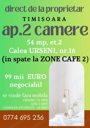 Proprietar, vand ap 2 camere - calea urseni-timisoara