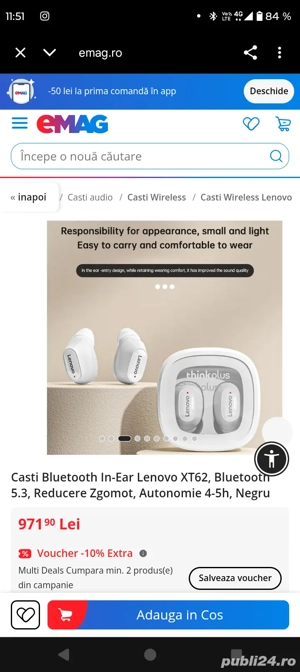 WirelessCasti Wireless Lenovo inapoi Casti Bluetooth In-Ear Lenovo XT62, Bluetooth 5.3, Reducere Zgo