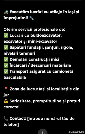 Săpături fundații, nivelări teren   utilaje Iași