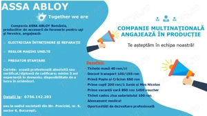 Companie multinationala angajeaza electrician, reglor si presator stantare 