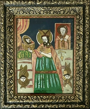Icoana pictată pe sticlă 1988 Sf Ioan Botezatorul și Sf Nicolae inramata 25x31 cm