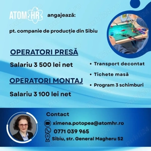 Atom HR angajează Operatori presă și Operatori montaj în Sibiu!