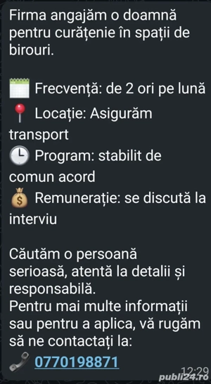 Angajăm  doamnă  pentru  curățenie birouri 