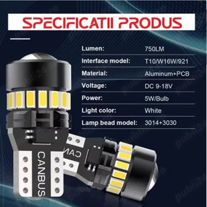 Bec LED T10 W5W Canbus fără Eroare 194 168 pentru Lumini de Parcare, Semnalizare și Interior Auto   
