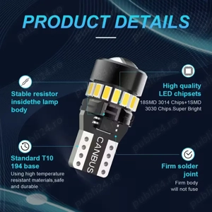 Bec LED T10 W5W Canbus fără Eroare 194 168 pentru Lumini de Parcare, Semnalizare și Interior Auto    - imagine 6