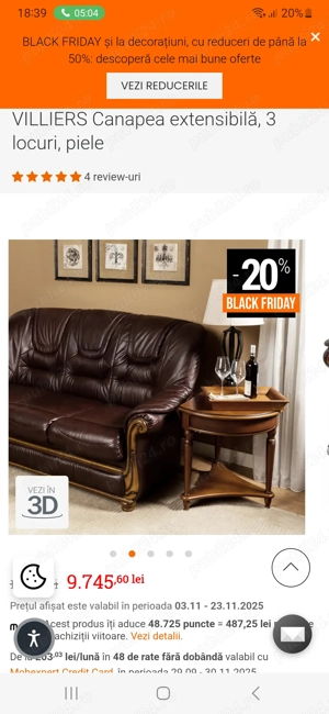 Canapea piele extensibila Villiers Mobexpert 