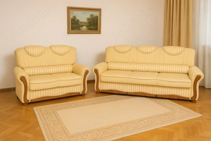 Set canapele clasice 2 locuri + 3 locuri crem din lemn masiv   extensibilă + cu ladă depozitare