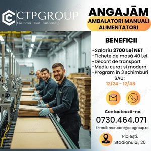 Angajăm Ambalatori Manuali și Alimentatori Mașină