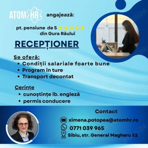 AtomHr angajează Recepționer pentru o pensiune de 5 margarete din Gura Râului! 