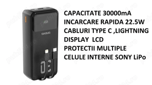 Baterie externa 30000mA powerbank premium -super fast charge 22.5w cu display si cabluri