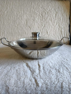 Wok inox cu capac sticla