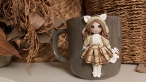 Cadou pentru fetite, sotie iubita cana papusa fimo