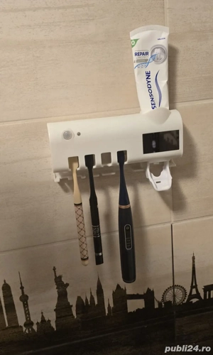 Suport periuțe de dinți cu încărcare solară sau USB, sterilizare UV și dozator periuță de dinți