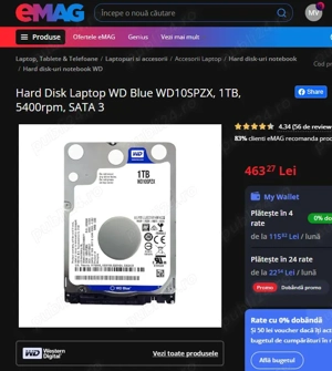 Hard Disk Laptop WD Blue WD10SPZX, 1TB, 5400rpm, SATA 3