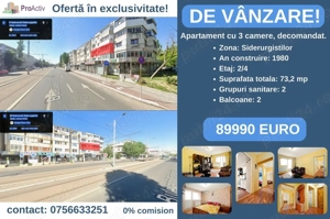 Apartament cu 3 camere, decomandat, Siderurgiștilor, etaj 2, suprafață 73,20 mp!
