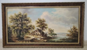 Pictura in ulei lucrare deosebita semnata încadrata într-o ramă sculptata din lemn masiv,stare excel