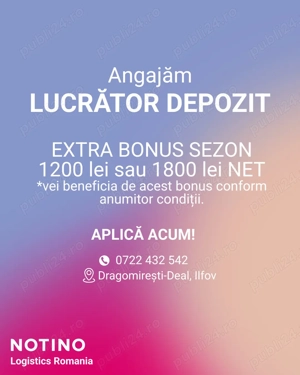 Angajam Lucrator Depozit (Dragomirești-Deal, IF) 3500 lei   4900 Ron