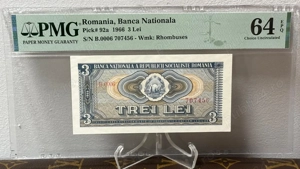 bancnota rara romaneasca - 3 lei 1966 gradata PMG64 EPQ