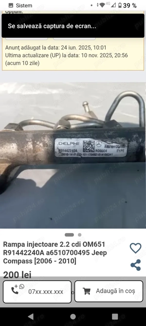 Rampa injectoare 2.2 cdi OM651 R91442240A a6510700495 Jeep Compass  2010