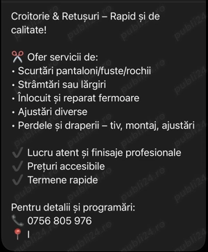 Ofer servicii de croitorie:scurtări,stramtari,înlocuit fermitate,perdele ,draperii