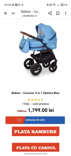Vand cărucior Babies 3in 1 optima blue (ideal bebe)